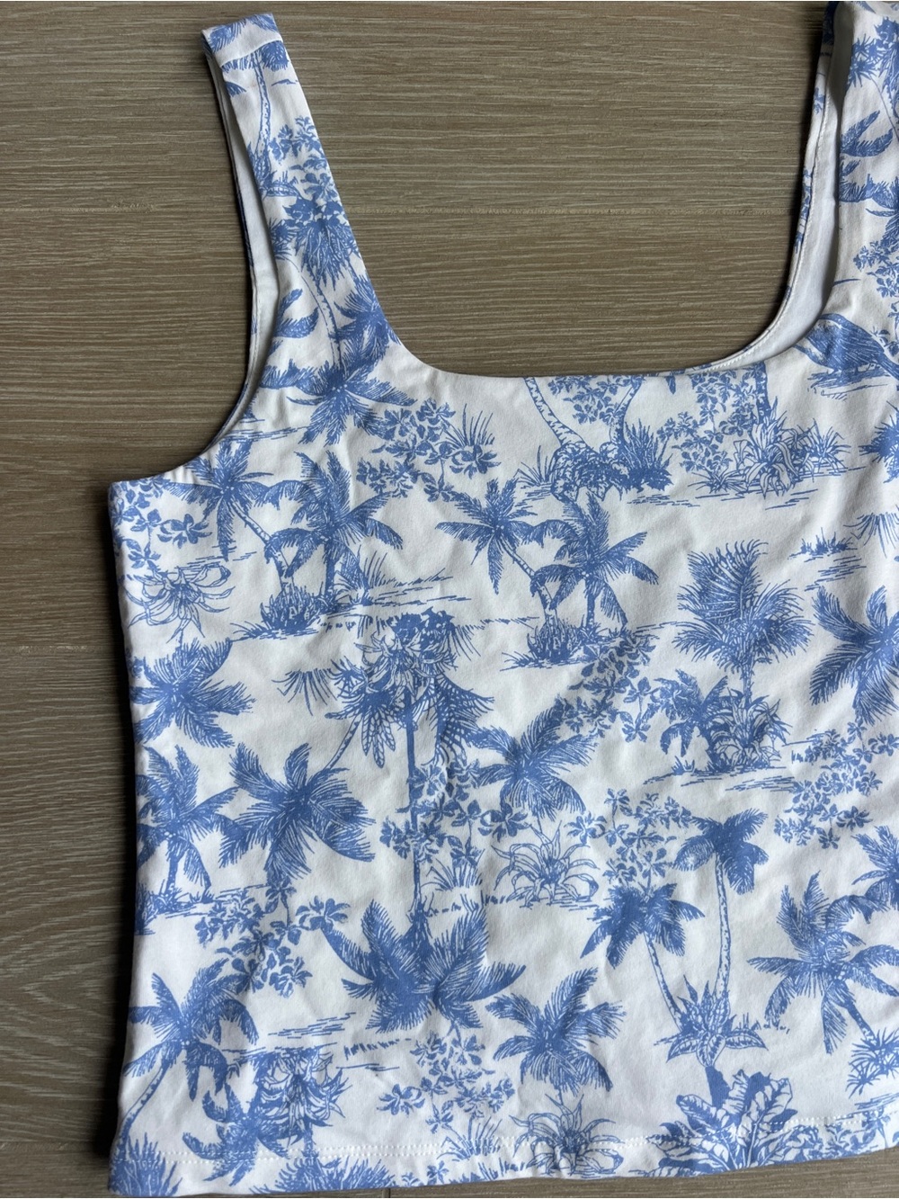 a new day White Tank Top with Blue Palm Print